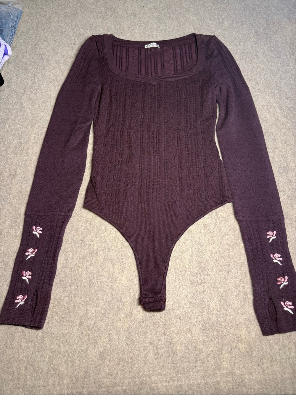 Free People Plum Cable Knit Long-Sleeve Bodysuit with Pink Embroidered Cuffs - Picture 2 of 7